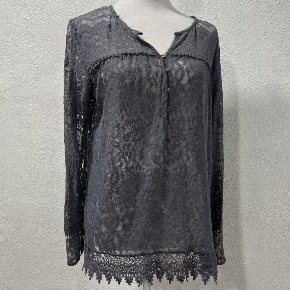KNOX ROSE Gray Large Boho Crochet Lace  Sleeve‎ Tunic Top Whimsy Coquette